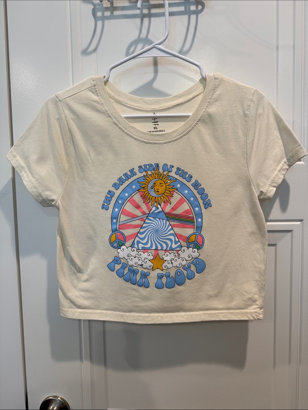 Pink Floyd Cream Crop Tee with Colorful Retro Sun Graphic
